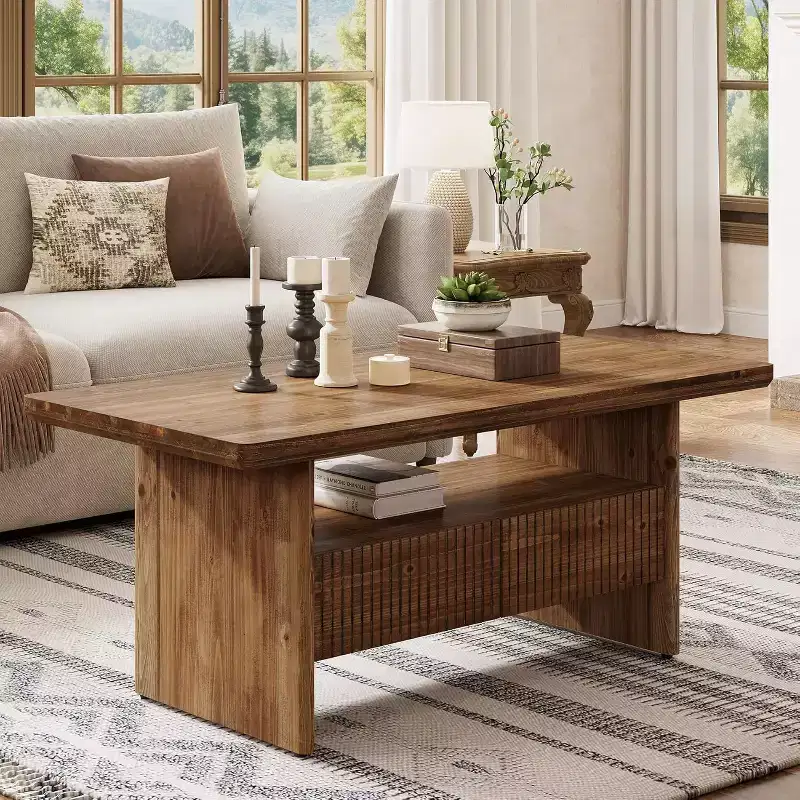 47.24 Solid Wood Coffee Table with 2 Drawers, 2-Tier Rustic Rectangle Center Tea Table with Open Shelf Storage for Living Room