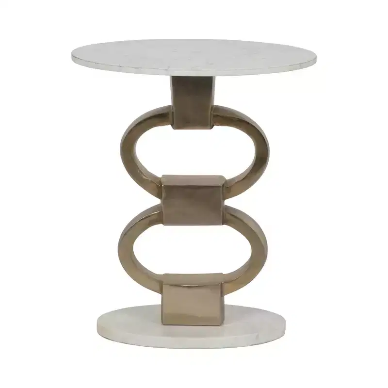Modern Accent Side Table with White Marble Top and Sculptural Metal Base - Contemporary Round Accent End Table for Any Home Decor- 24, White and Gold