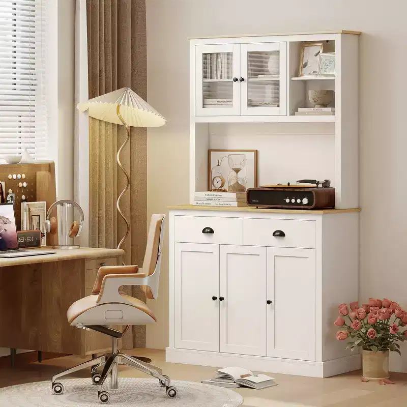 Freestanding Tall Pantry Cabinet with Wide Countertop & Adjustable Shelves, Modern Kitchen Hutch