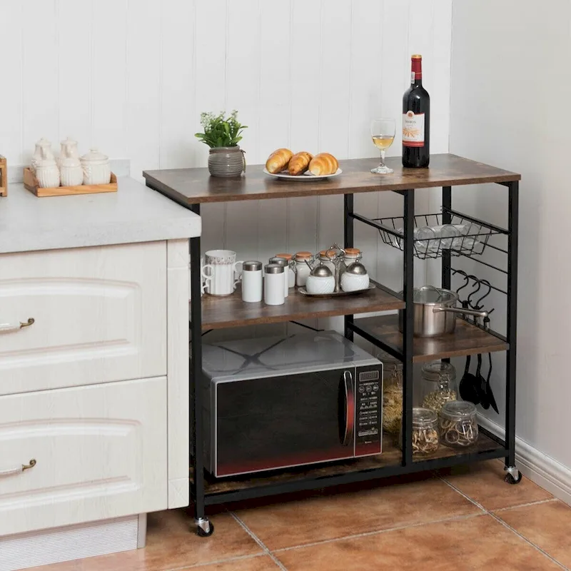 3-Tier Rolling Baker's Rack with Basket & S-Hooks – Brown, Metal Frame, 4 Wheels, Industrial Style