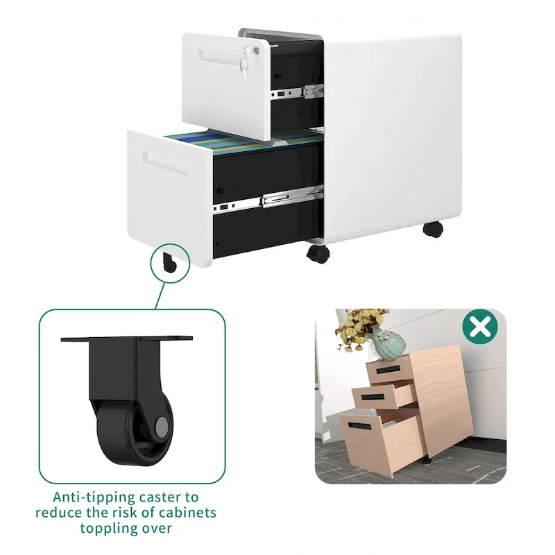Black/White 2-Drawer Rolling Locking Steel File Cabinet for 1 Person