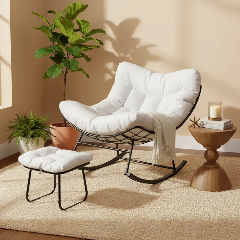 Oversized Outdoor Lounge Chair with Footrest, Metal Papasan Rocking Egg Chair for Patio Balcony