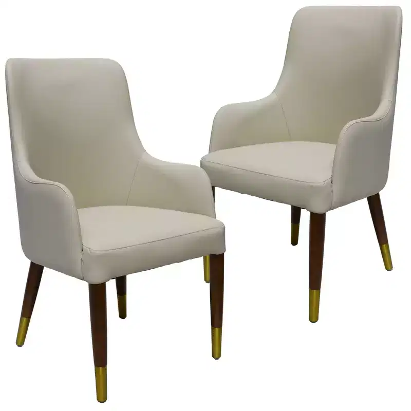 LeisureMod Viva Dining Armchair in Leather Upholstery with Gold Accent Wood Legs for Modern Kitchen and Home, Set of 2