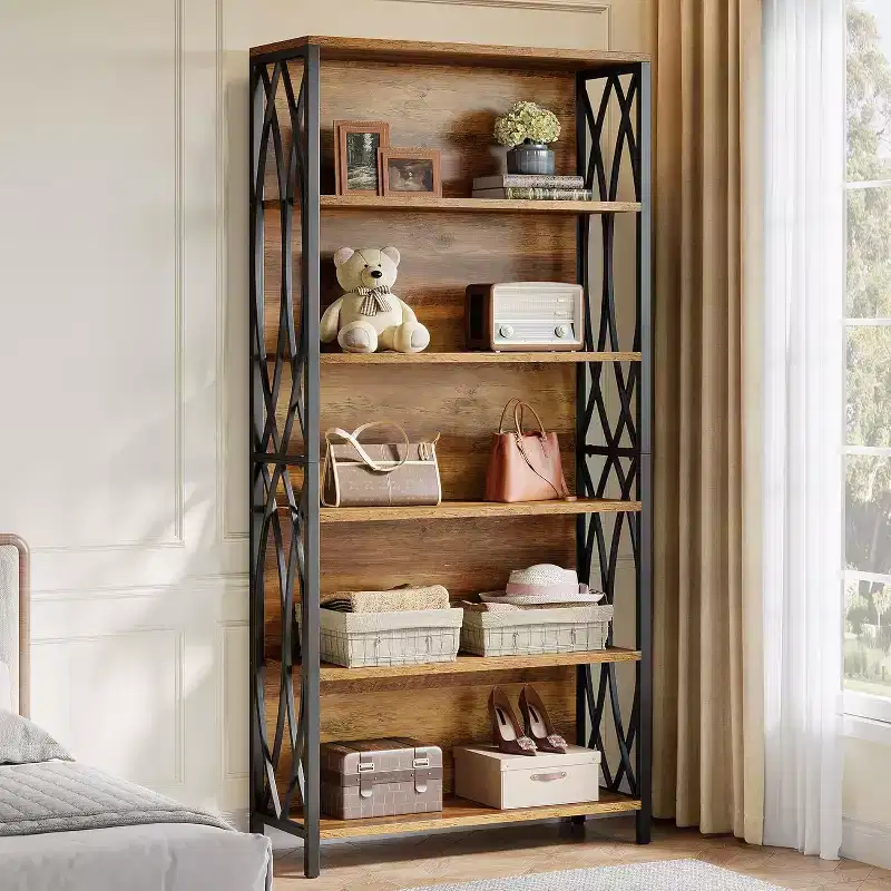 Lantine 70.87 Industrial Bookshelf, 6-Tier Bookcase with Geometric Metal Frame & Open Storage Shelves for Home Office, Living Room, Brown
