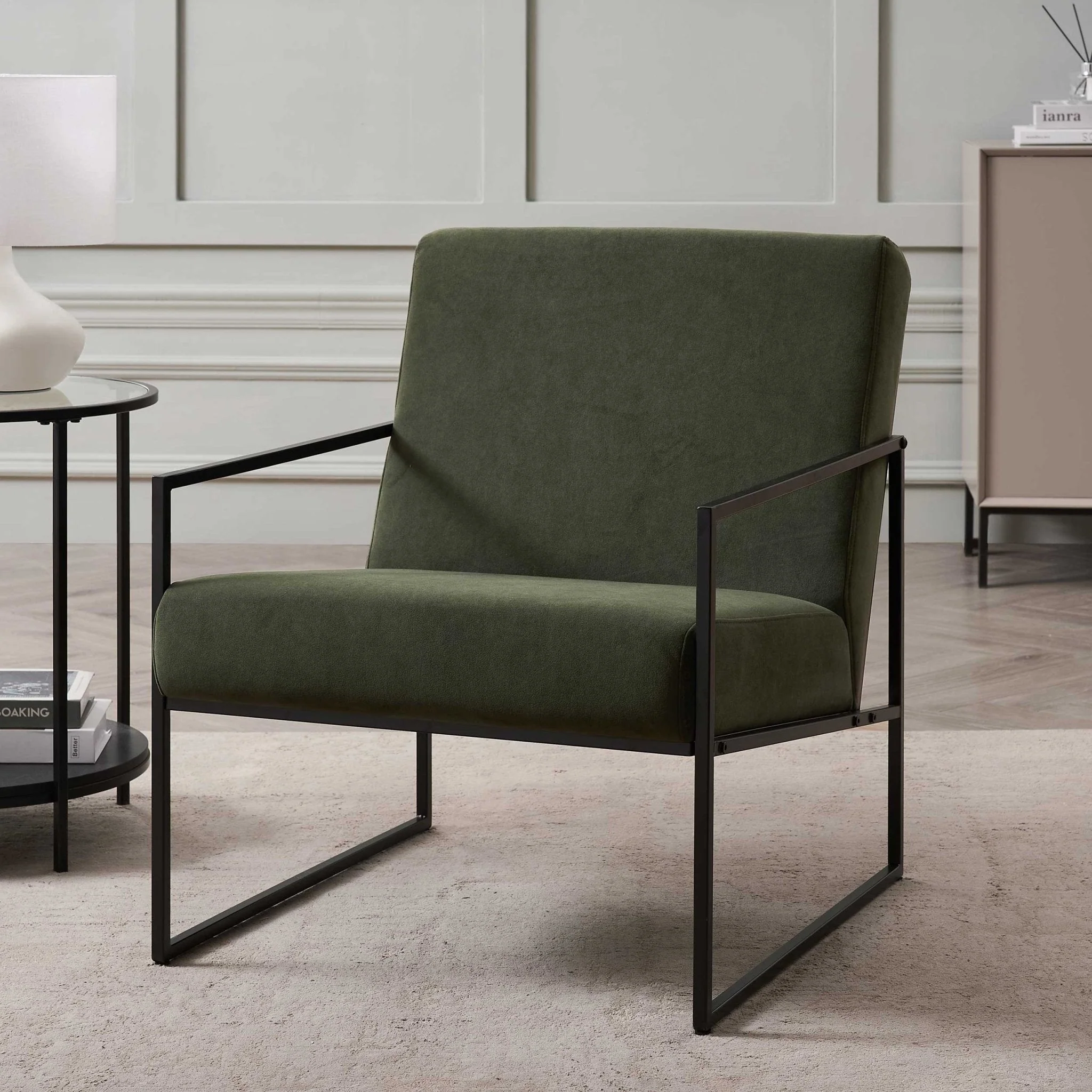 Modern Dark Olive Fabric Accent Chair with Space-Saving Design for Living Room