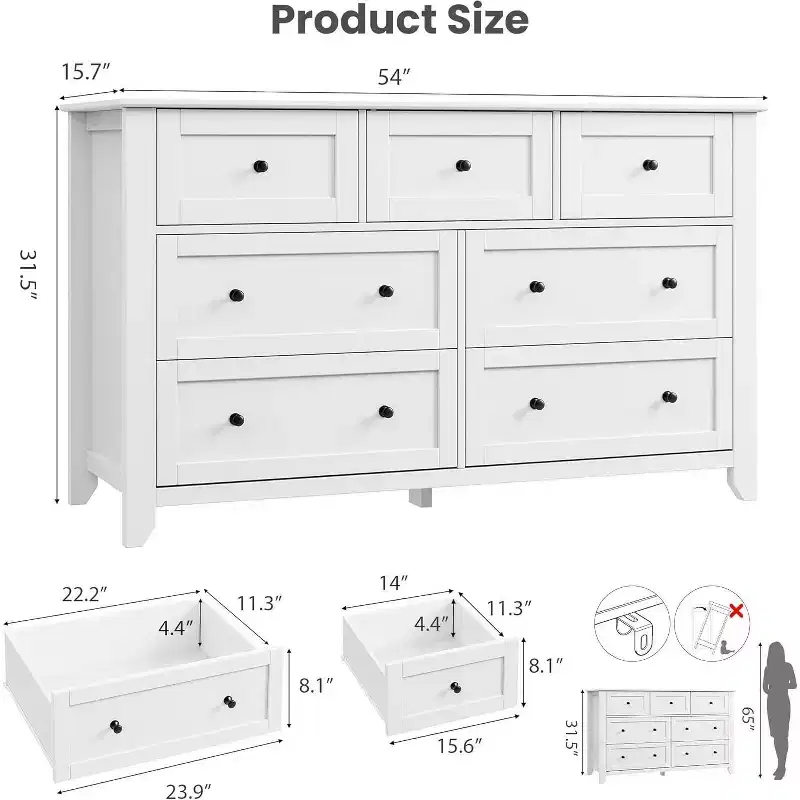 GustoWave Modern 54 Wide Large 7 Drawer Dresser for Bedroom, Entryway, Hallway, White