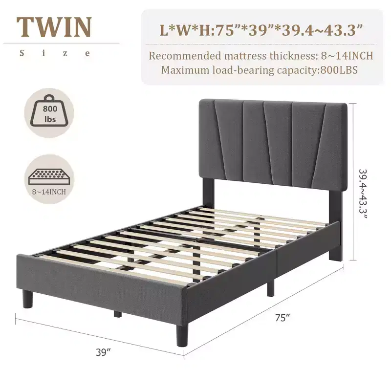 Twin Size Bed Frame with Adjustable Headboard, Linen Upholstered Platform Bed with Wooden Slats Support, No Box Spring Needed, Easy Assembly, Grey