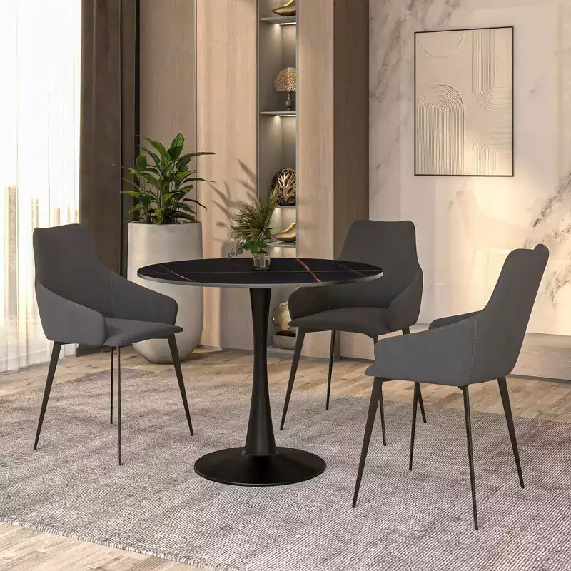 Bristol 31 Round Dining Table Sintered Stone Top, Black Steel Pedestal Base, Accent Caf Table for Kitchen & Small Spaces