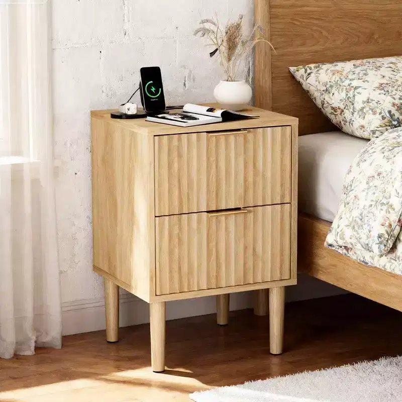 Oak Nightstand with 2 Drawers & Built-In USB, Type-C & AC Outlets, 15.7W, MDF