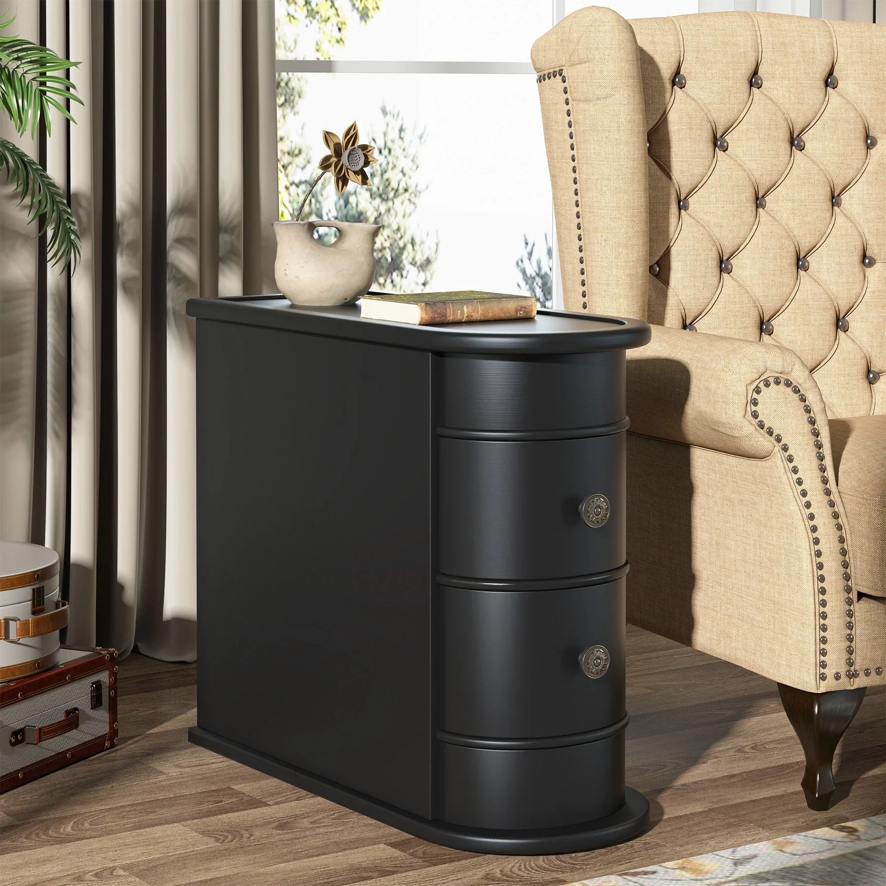 Solid Wood Chairside End Table, Two-Drawer Narrow Side Table Slim