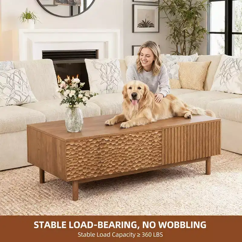 Modern Fluted Lift-Top Coffee Table with Hidden Storage & Artisan-Textured Drawers - Walnut Gaoyangjiaju