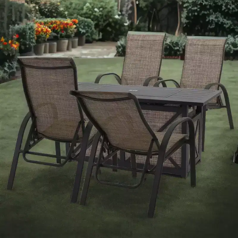 Courtyard Casual Santa Fe 5 pc Rectangle Fire Pit Set with Sling Reclining Chairs Includes One Rectangle Fire Pit and Four Sling Reclining Chairs