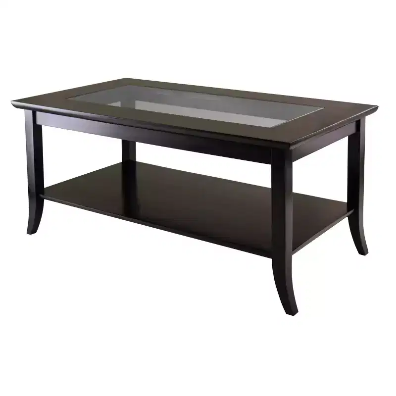 Glass Top Coffee Table with Lower Shelf – Espresso Wood Frame, 40