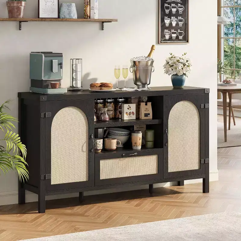 Buffet Cabinet, 47 Inch Rattan Storage Sideboard with Adjustable Shelves & Drawer, Boho Farmhouse