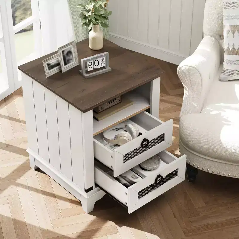Farmhouse Nightstand with Charging Station, Rustic End Table with Drawers and Open Storage Shelf, Bedside Table for Bedroom, Living Room, Brown+White
