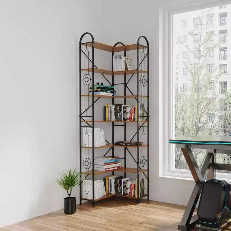 Okak 7-Tier Industrial Coner Shelf, Freestanding L Shaped Bookcase, Display Case for Living Room, Bedroom, Office, Brown