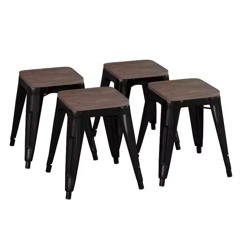Flash Furniture 18 Backless Table Height Stool with Wooden Seat, Stackable Metal Indoor Dining Stool, Commercial Grade - Set of 4