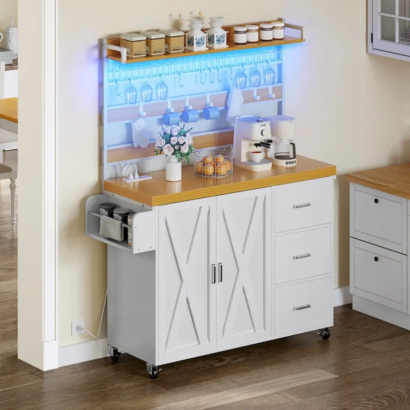 Moasis Large Rolling Kitchen Island Bakers Rack with Power Outlet, LED Light & Tall Shelf