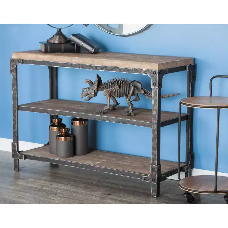 Rustic 3-Tier Industrial Console Table – Solid Wood & Metal, Brown