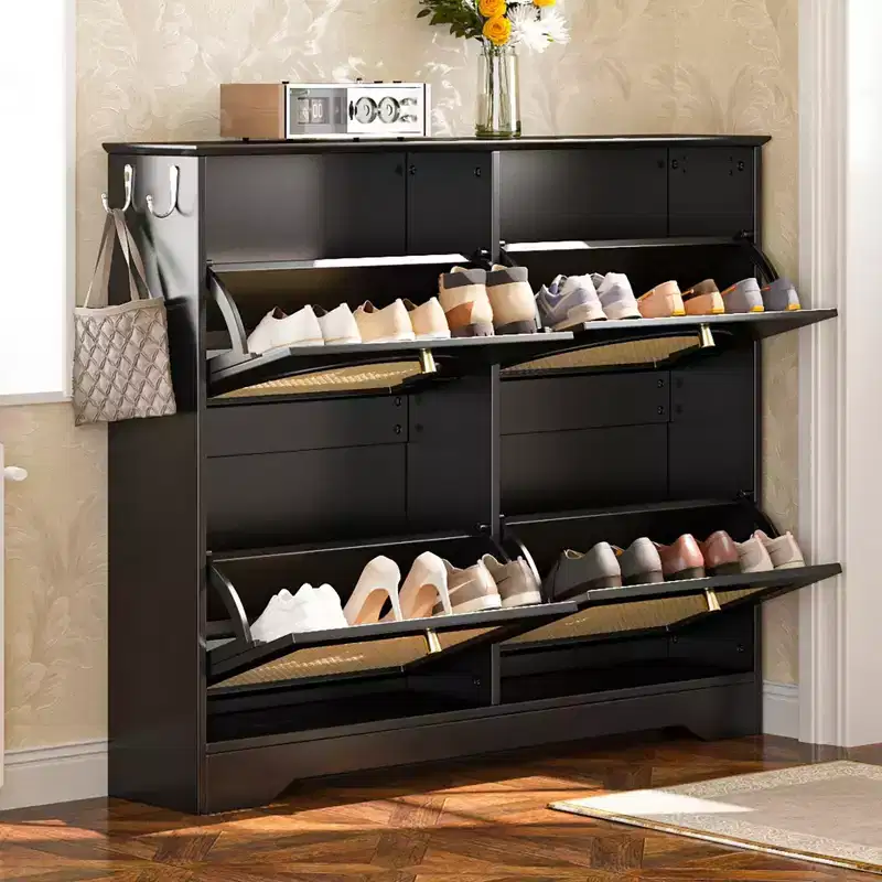Mid-Century Entryway Shoe Cabinet with 4 Rattan Flip Drawers & Hooks