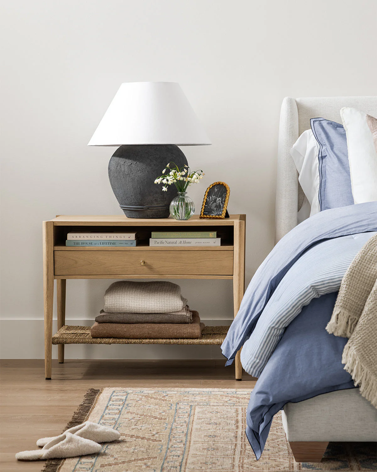 Coastal White Oak Nightstand with Woven Seagrass Shelf & Brass Hardware for Bedroom
