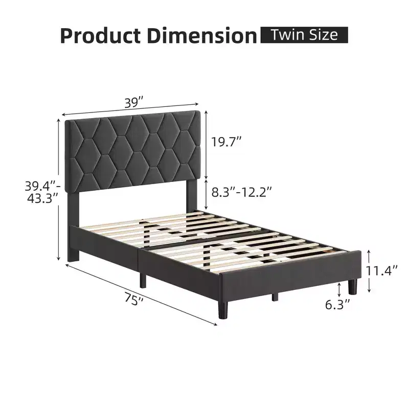Bed Frame, Twin Size Upholstered Platform Bed with Headboard - Wood Slats Support, No Box Spring Needed, Noise Free, Easy Assembly