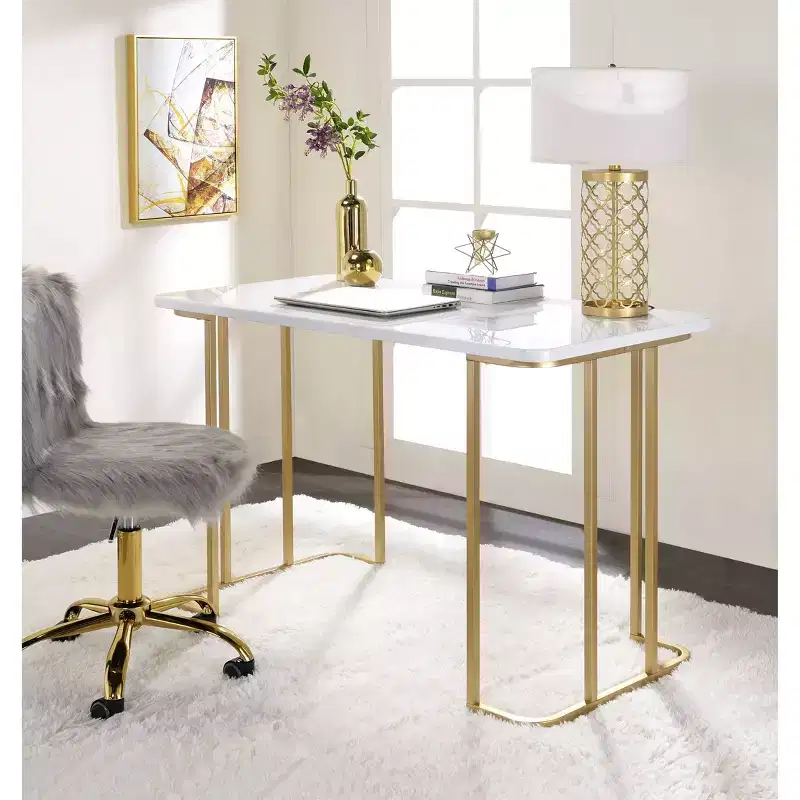 Acme Furniture Estie Writing Desk White/Gold: Chic Home Office, Teen & Kids' Study Table, No Storage