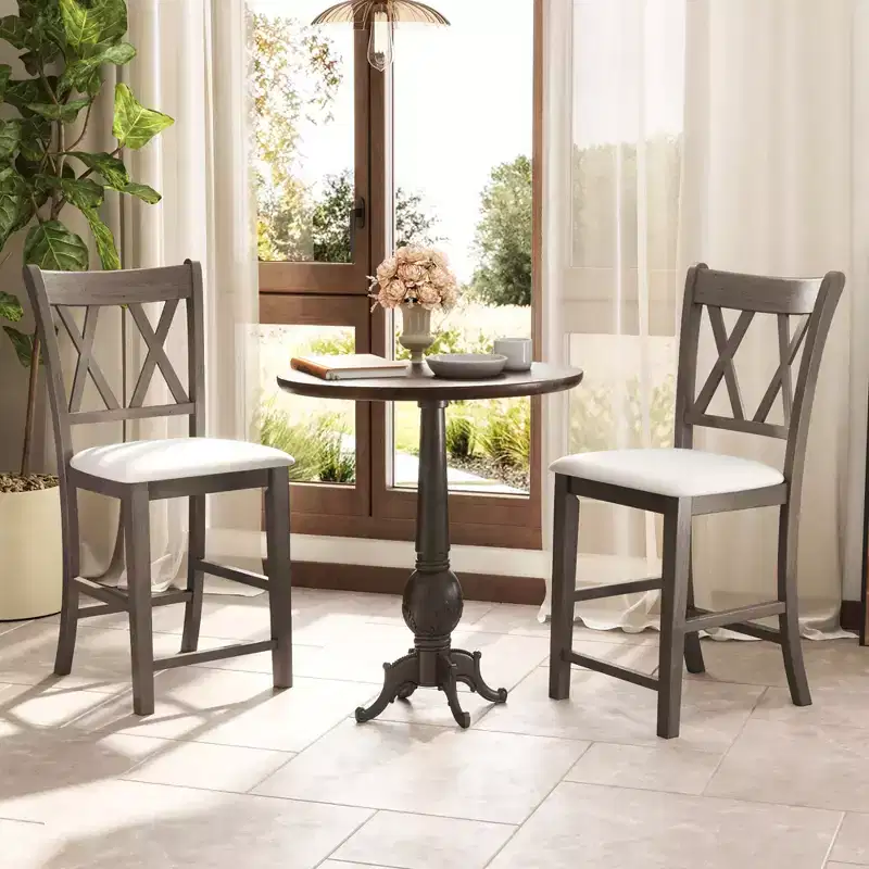 2PCS Bar Stools 24 Counter Height Stools w/ Linen Fabric Upholstered Seat Gray