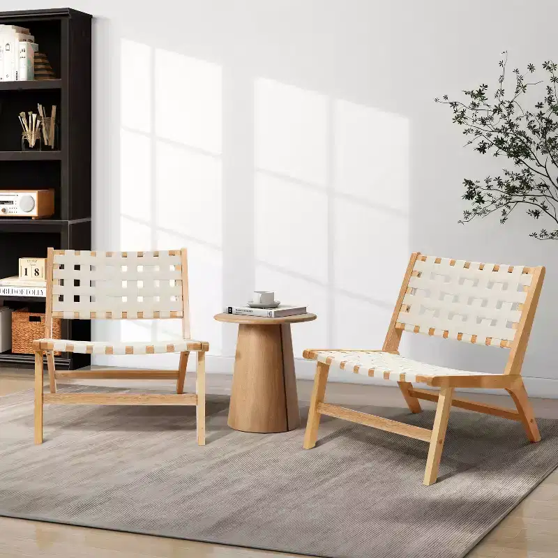LuxenHome Natural Rubberwood with White PU Leather Low Profile Armless Accent Chair, Set of 2