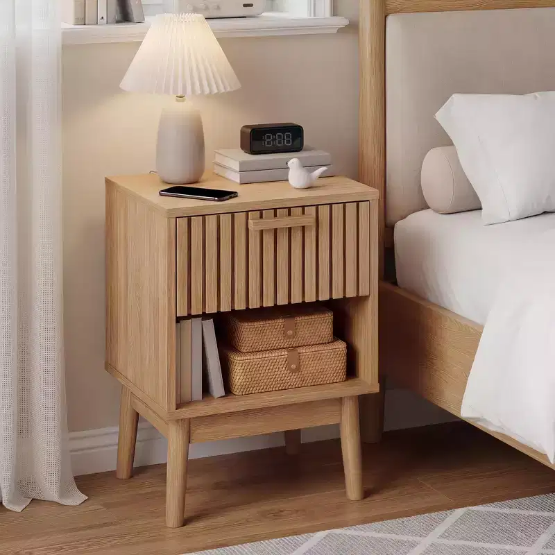 Boho Nightstand with Wood Strip Drawer & Open Shelf, Small Bedside End Table for Bedroom, Living Room & Dorm, Ideal for Small Spaces