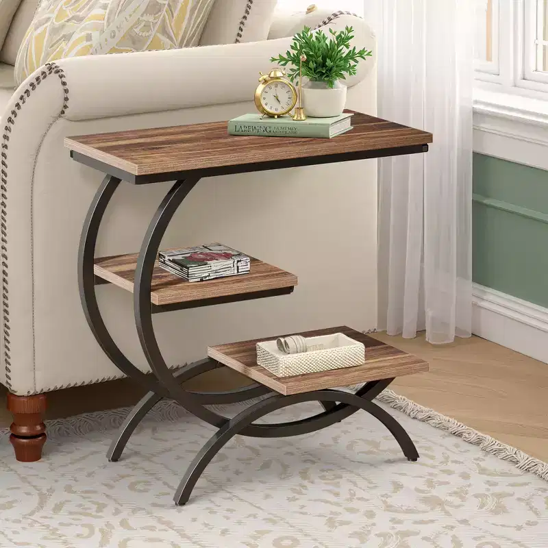 MAYEERTY C-Shape End Table 3-Tier, Matte Black Metal Frame Rustic Brown Top for Living Room