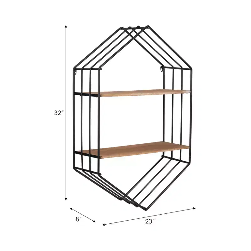 Metal Hexagon with Wood Shelves for Home Decor - Minimalist Wall Storage for Living Room, Bedroom, or Office - 32, Brown & Black