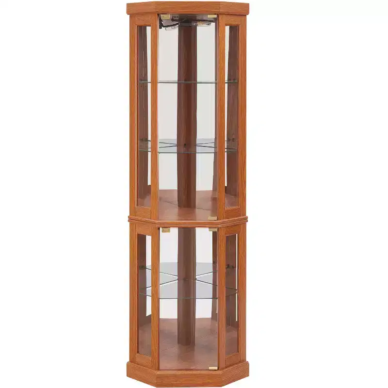 Corner Glass Cabinet with Light, Adjustable Shelves, and Mirrored Back Panels for Living Room Display