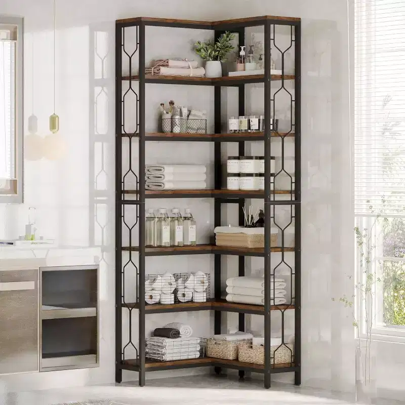 LITTLE TREE 78.74" 7 Tier Corner Bookshelf Wood Rustic Brown