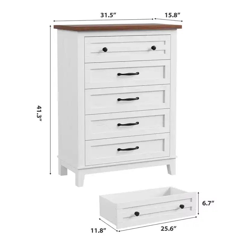 Freestanding 41.3 Tall Vertical Drawer Dresser with Storage , Wooden Closet Storage Chest for Living Room, Bedroom, Entryway, Bedroom, White + Brown