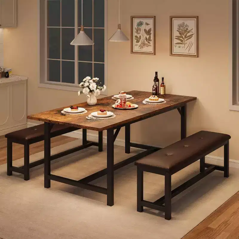Farmhouse Extendable Dining Table Set for 4/ 6, Large Dining Table Set with Two Upholstered Benches, for Home, Dining room Rustic Brown