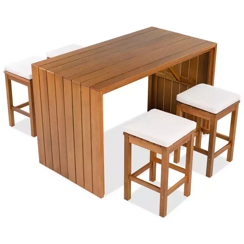 ModernLuxe 5-Piece Outdoor Acacia Wood Patio Bar Set, Bar Height Table with 4 Stools & Beige Cushions for Backyard/Poolside, Natural