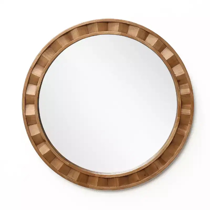 Natural Wood Frame Round Wall Mirror, 28 Rustic Wooden Decor Brown