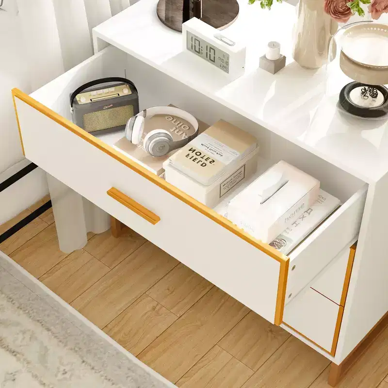 3-Drawer Modern Nightstand with Open Metal Frame, Black & Gold Finish, 28.7