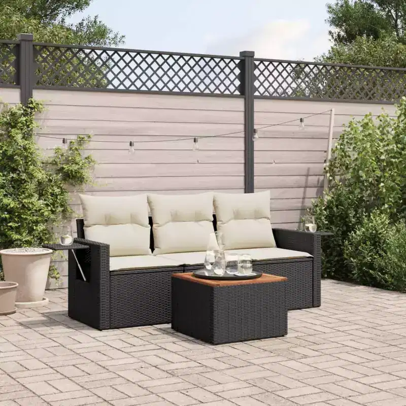 vidaXL 4 Piece Patio Sofa Set with Cushions Black Poly Rattan