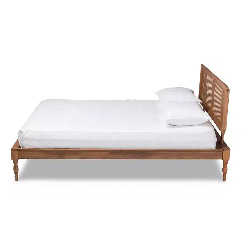Wood Platform Bed Ash Walnut with Woven Rattan Headboard