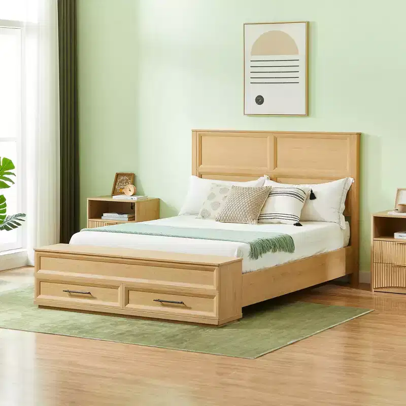 Modern Wooden Bed Frame with 3D Geometric Headboard and 4-Drawer Storage Bench