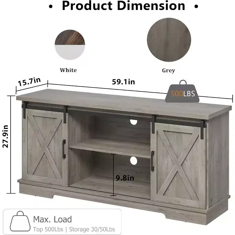 59 Farmhouse TV Stand for TVs Up to 65, Entertainment Center with Sliding Barn Doors, Adjustable Shelves, Media Console for Living Room, Bedroom