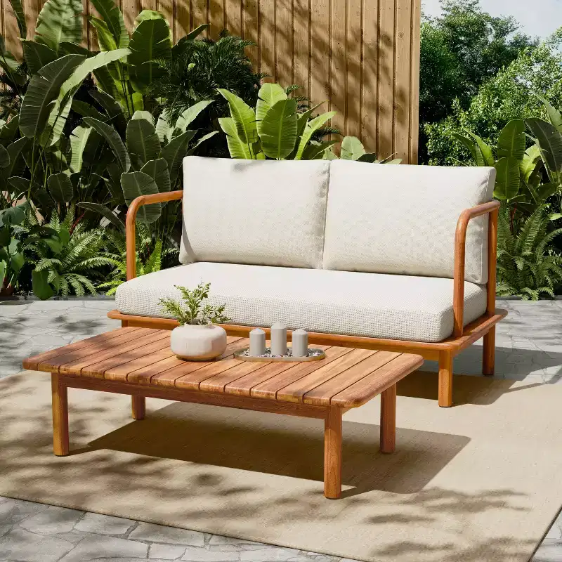 Christopher Knight Home Kazuya Modern 2 Piece Acacia Wood Patio Seating Set with Cushion