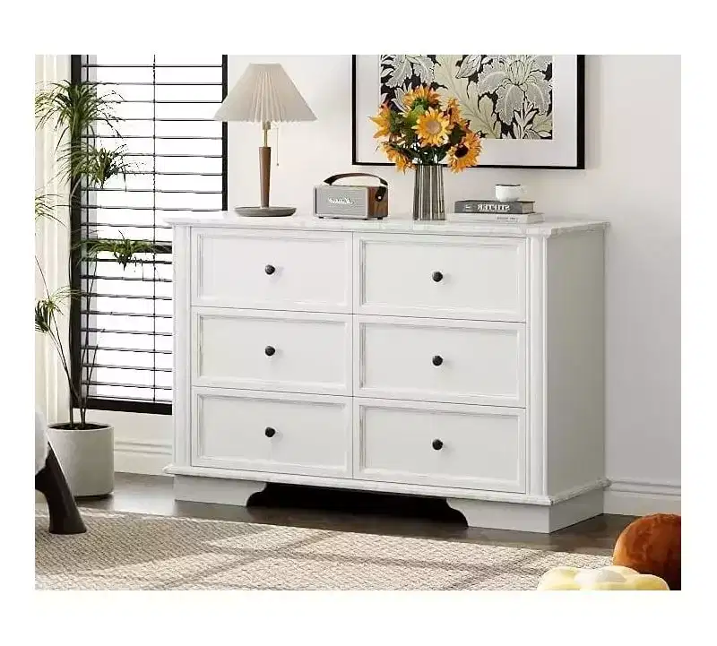 VINGLI White Dresser 6 Drawer, Wood Dresser for Bedroom, Chest of Drawers