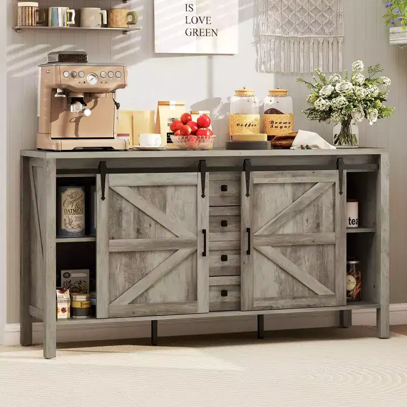 59 Inch Farmhouse Sideboard Buffet Cabinet with Sliding Barn Doors and Drawers