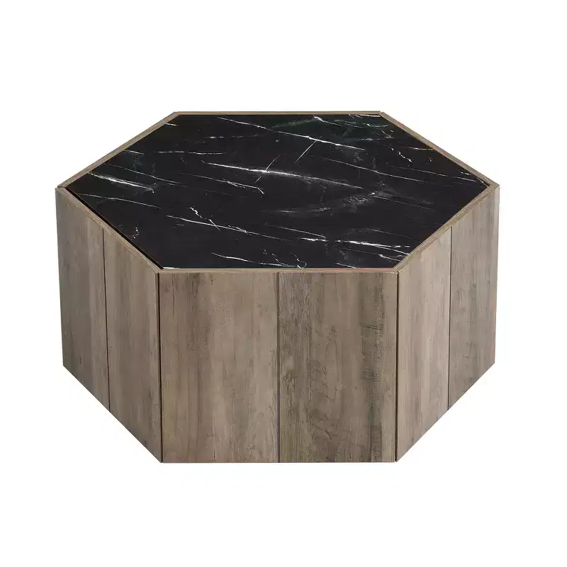 Zeus & Ruta Hexagonal Rustic Retro Coffee Table with 2 Hidden Drawers, Marble Top & Oak Finish for Living Room