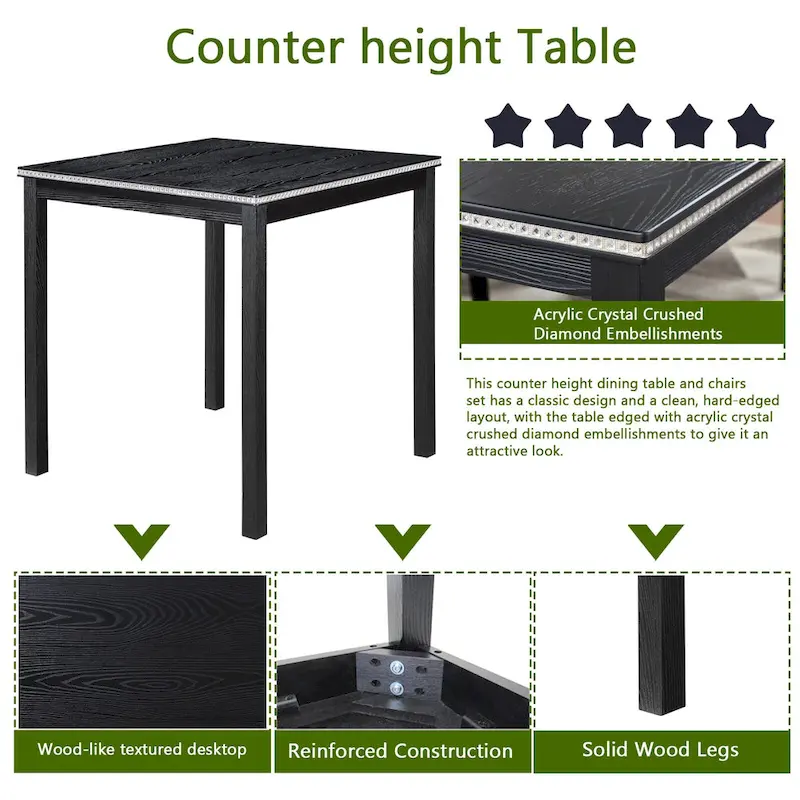 Modern 5-Piece Dining Set with Square Counter Height Table & 4 Upholstered Chairs
