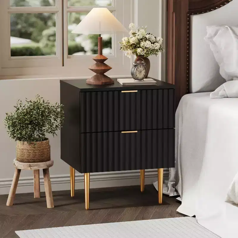 Fluted Nightstand with Charging Station & 2 Drawers, Gold & Wood Bedside Table with USB Ports & Outlets, for Bedroom, Apartment