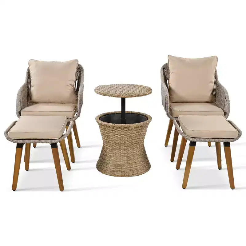 GDFStudio Shawn 5 Piece Patio Seating Set with Rattan Pop-Up Bar Table, Acacia& Metal Seating
